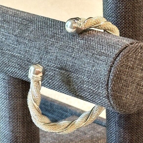 Silver-Tone Open Cuff Bracelet With Twisted Mesh Design & Polished End Caps - Picture 6 of 6
